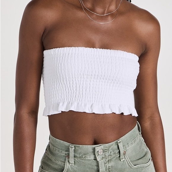 NWT Vitamin A Nya Smocked Strapless Cotton Bandeau Top in White Crinkle Linen - Picture 14 of 16